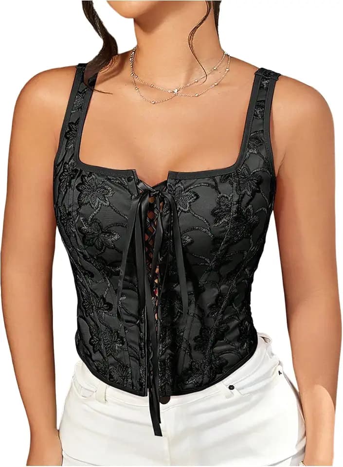 GORGLITTER Women's Floral Western Corset Lace Up Square Neck Crop Tank Top
