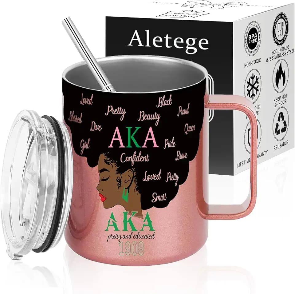 AKA Paraphernalia Sorority Stainless Steel Insulated Coffee Mug - Gifts for Women, 12 Ounce Rose Gold