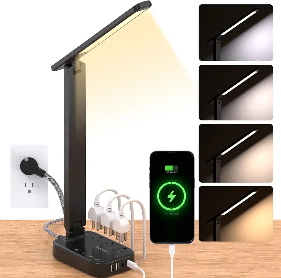 LED Desk Lamp, 10Ft Power Strip with 3 Outlets 4 USB Ports(2 USB C), Black