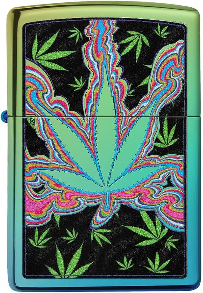 Zippo Sturmfeuerzeug - Cannabis - Blue Green High Polish Teal Finish, Color Image - Nachfüllbar - Wiederverwendbar - Windfest - Geschenkbox - Made in USA