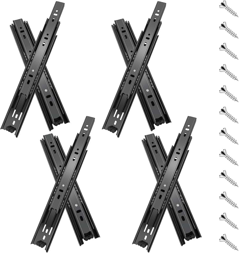 10 inch Drawer Slides 4 Pairs (8pcs) Full Extension Ball Bearing Drawer Rails Side Mount 3 fold Metal Dresser Runners for File Cabinet Trash Can Kitchen Wardrobe Glides 10" Black 100 LB Capacity
