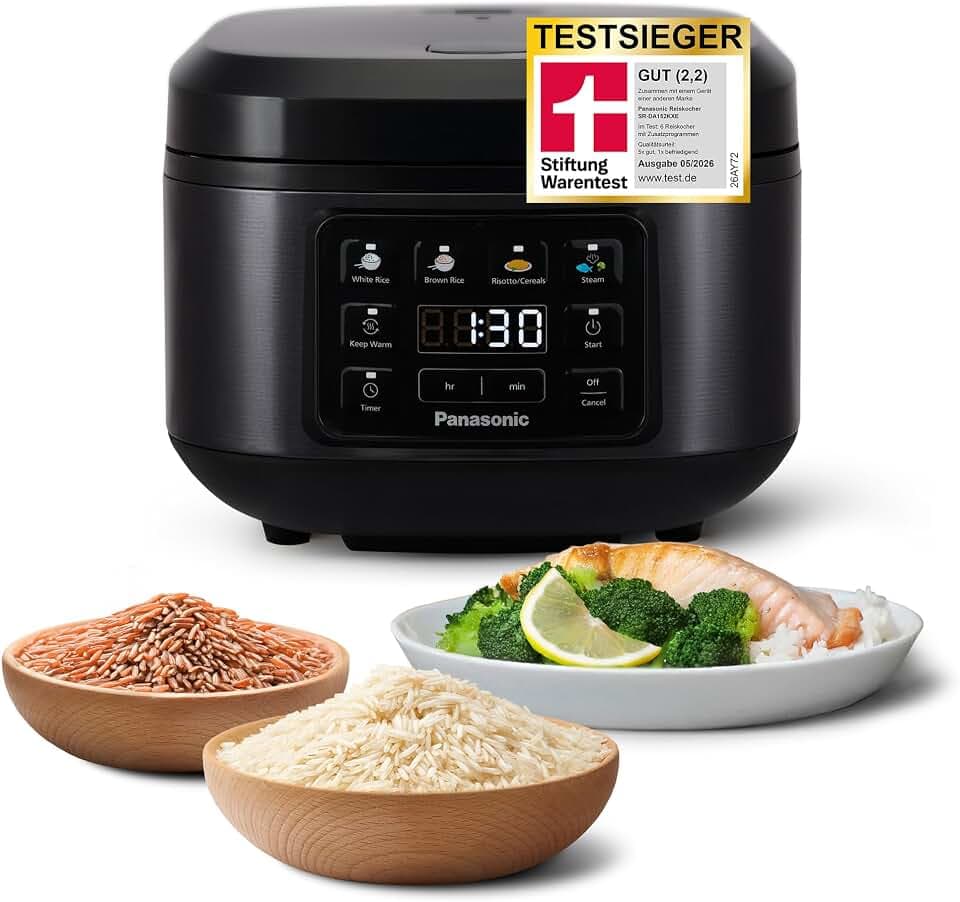 Panasonic SR-DA152KXE Automatischer Reiskocher mit Dampfgarer, 1,5 Liter, 8 Tassen, Fuzzy-Logik, Wasserverhältnisanzeige, BPA-frei, Warmhalten, Startverzögerung, spülmaschinengeeignete Teile, schwarz
