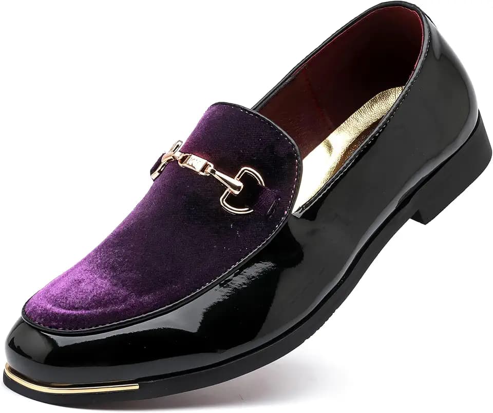 LCQL Men's Luxury Velvet Loafers Patent Leather Oxford Classic Gold Buckle Business Party Prom Club Dress Shoes Size 7-13