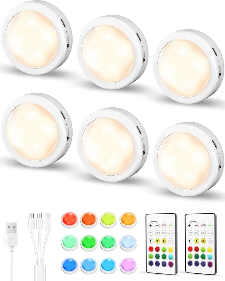 EZVALO 6-Pack RGB Rechargeable Puck Lights with Remote, Mini Under Cabinet Lighting, 2.95'' Tap Lights, 16 RGB Colors & 3 White Color Temps, Dimmable Stick-On Closet Lights for Kitchen, Shelf