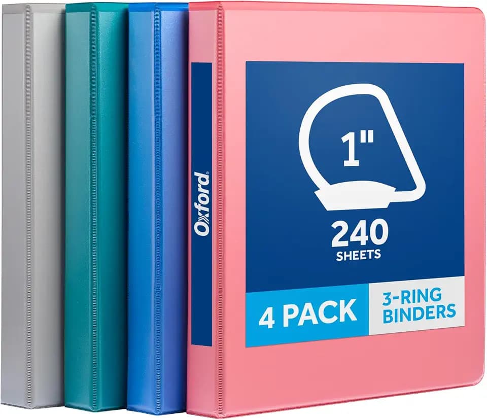 Oxford 1 Inch 3 Ring Binders, 4 Pack, Assorted Colors, Holds 240 Sheets