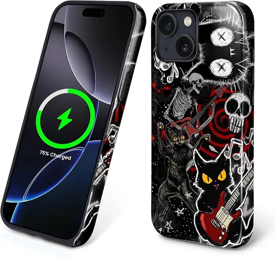 Magnetic Case for iPhone 15,Compatible with Magsafe Hybrid Heavy Duty 2 in 1 Full Body Rugged Shockproof Protection Glossy Case for iPhone 15 Rock Star Cat Gothic Y2K