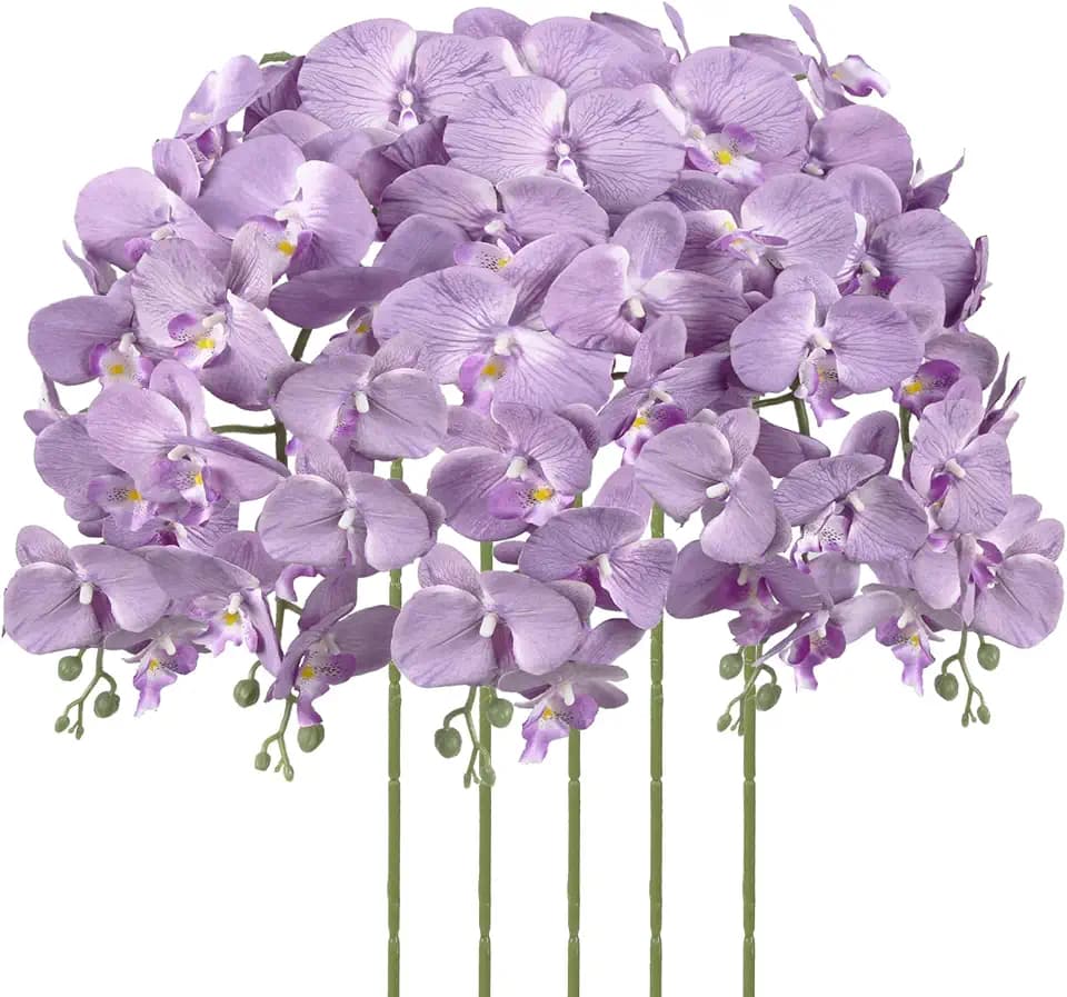 IPOPU Lilac Flowers Artificial Orchids 5PCS Fake Purple Flowers Silk Orchids Faux Orchid Stems Phalaenopsis Branches for Tall Vase for Bridal Shower Home Party Wedding Decoration (Lilac)