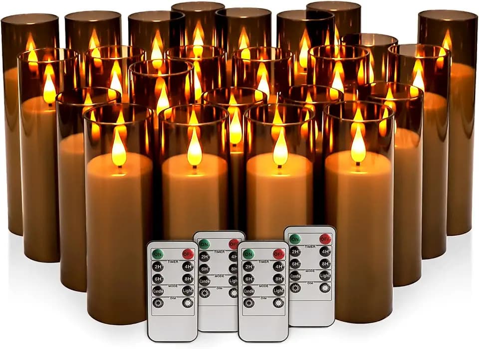24 Pack LED Gray Flameless Candles with Remote, 3D Flickering Battery Operated Candles in Glass Holders, Safe for Weddings, Parties, Home and Outdoor Decor.