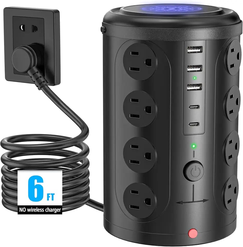 6FT Power Strip Tower Surge Protector, 16 Wide‑Spaced Outlets & 5 USB Ports