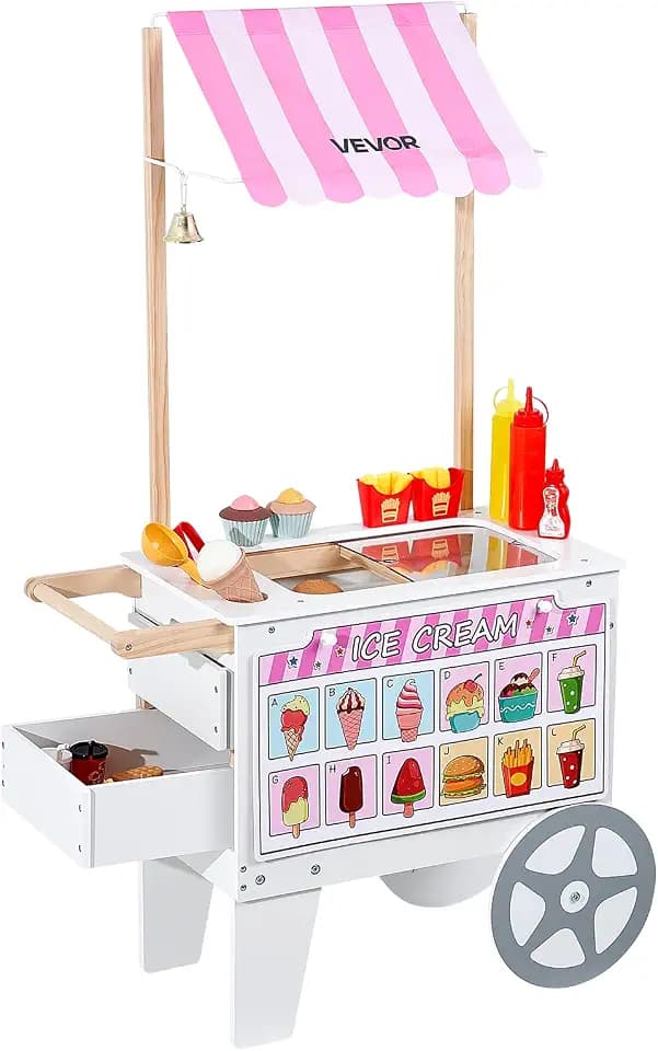 VEVOR Eiswagen für Kinder, 20+ Zubehörteile, Eisdielen-Spielzeugküche mit Eistüte, Markise & Gefrierschrank, Aufbewahrungsschubladen & umblätterbaren Speisekarten, für Kinder von 3–7 Jahren