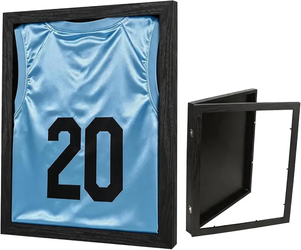 1 Pack T Shirt Jersey Display Frame 16"x 12" Space Shadow Box Jerseys Frame with UV Protection Black Wood Tshirt Display Case for Memorabilia, Photos and Certificates, with Anti-Folding Backboard