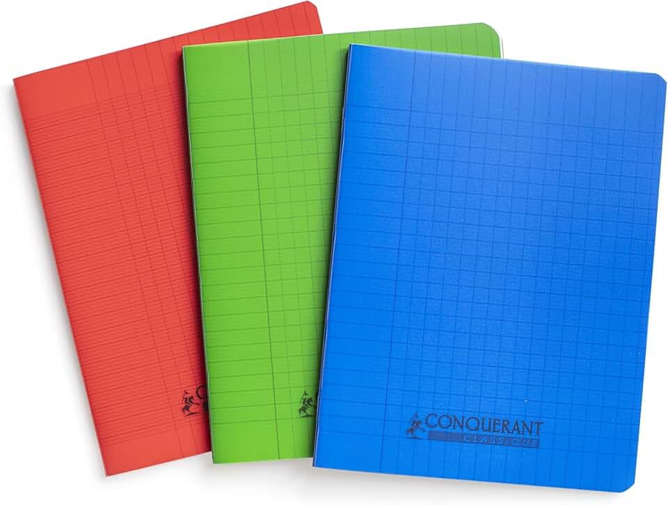 Conquérant 3 Hefte, 17 x 22 cm, 96 Seiten, Seyes, 90 g, Polypropylen-Deckel (farblich sortiert) – Rot, Blau, Grün