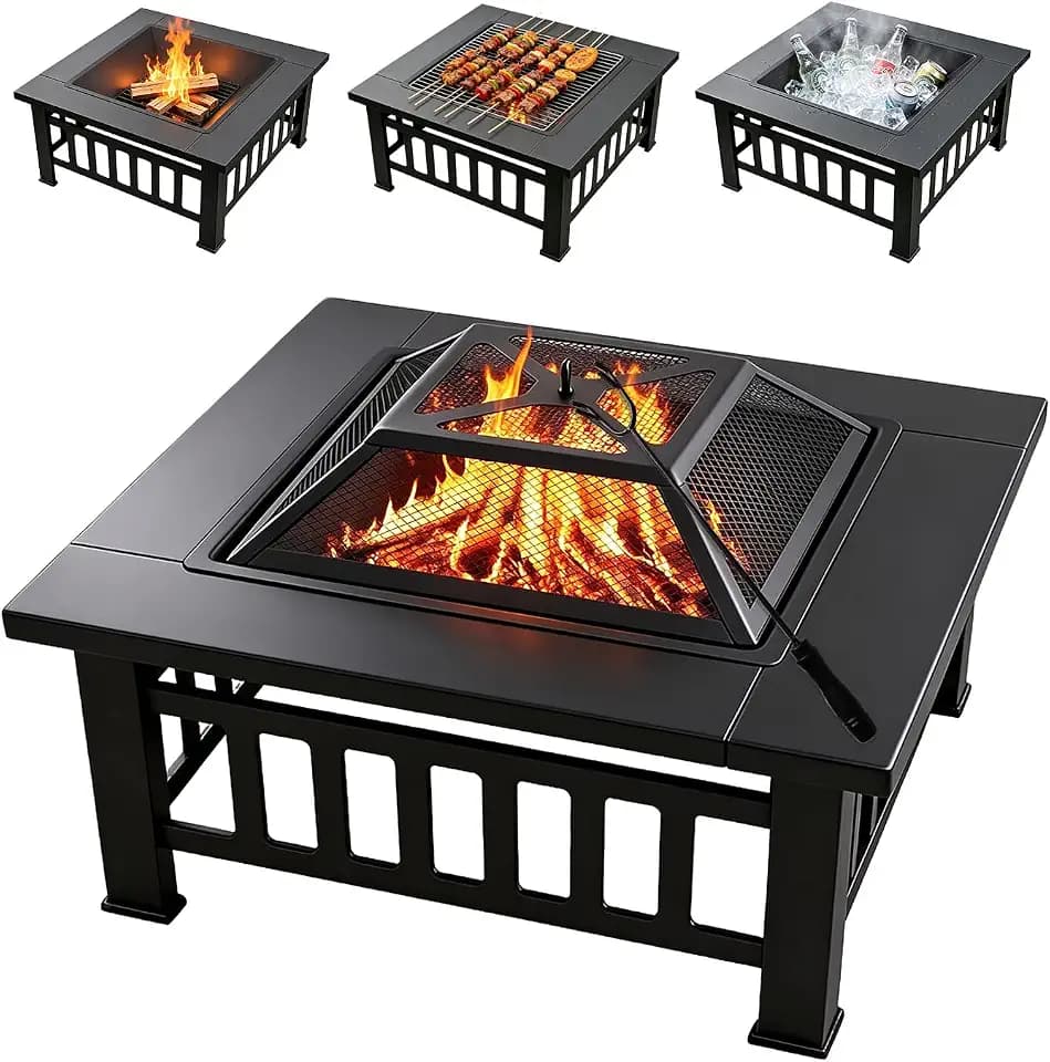 3-in-1 Multifunctional Square Fire Pit Table, 32-Inch Outdoor Metal Fire Pit with Ice Bucket, Black Powder Coated Iron, Charcoal Fueled