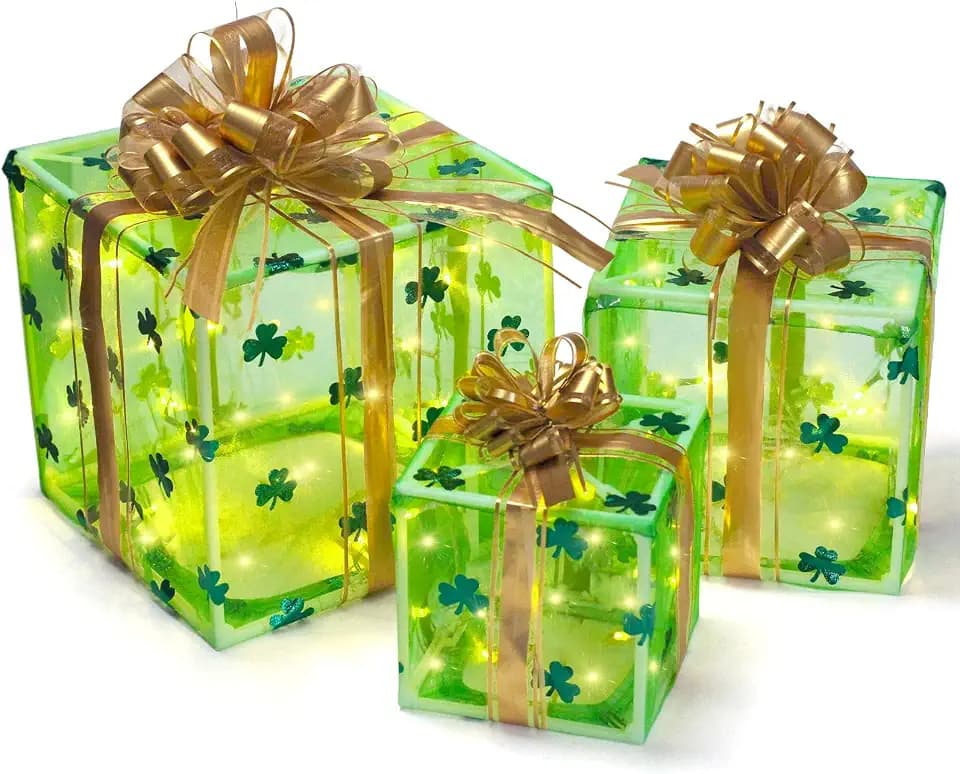 St Patricks Day Decoration Boxes, Set of 3 St Patricks Day Lighted Gift Boxes, Golden Bow & Clover Print 50LED Lightup St Patrick Day Present Ornament for Indoor/Outdoor Saint Patrick's Irish Decor