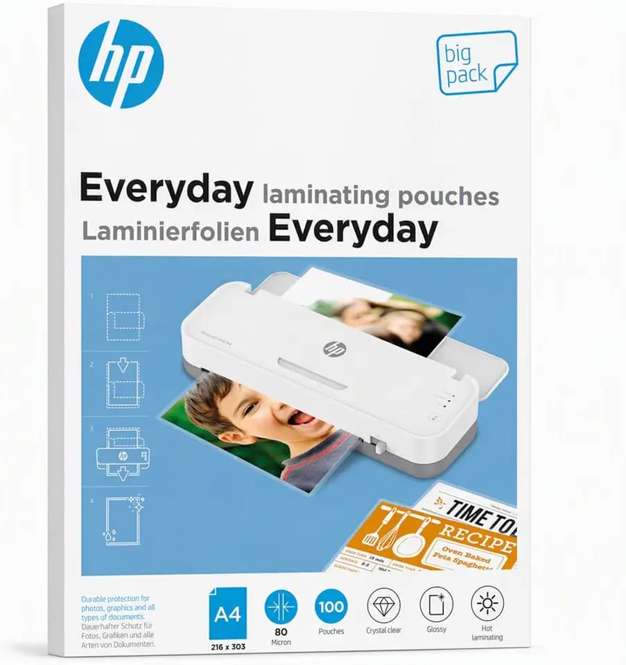 HP Everyday Laminierfolien, DIN A4, 80 Micron, glänzend, transparent, zum Heißlaminieren, 100 Stück, 9154