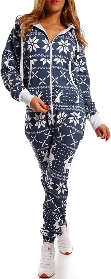 Crazy Age Kuscheliger Jumpsuit(Hoodie) Sweat Overall Ganzkörperanzug mit Renntier- Eiskristalle Motive CA-J-603 Relaxen Chillen