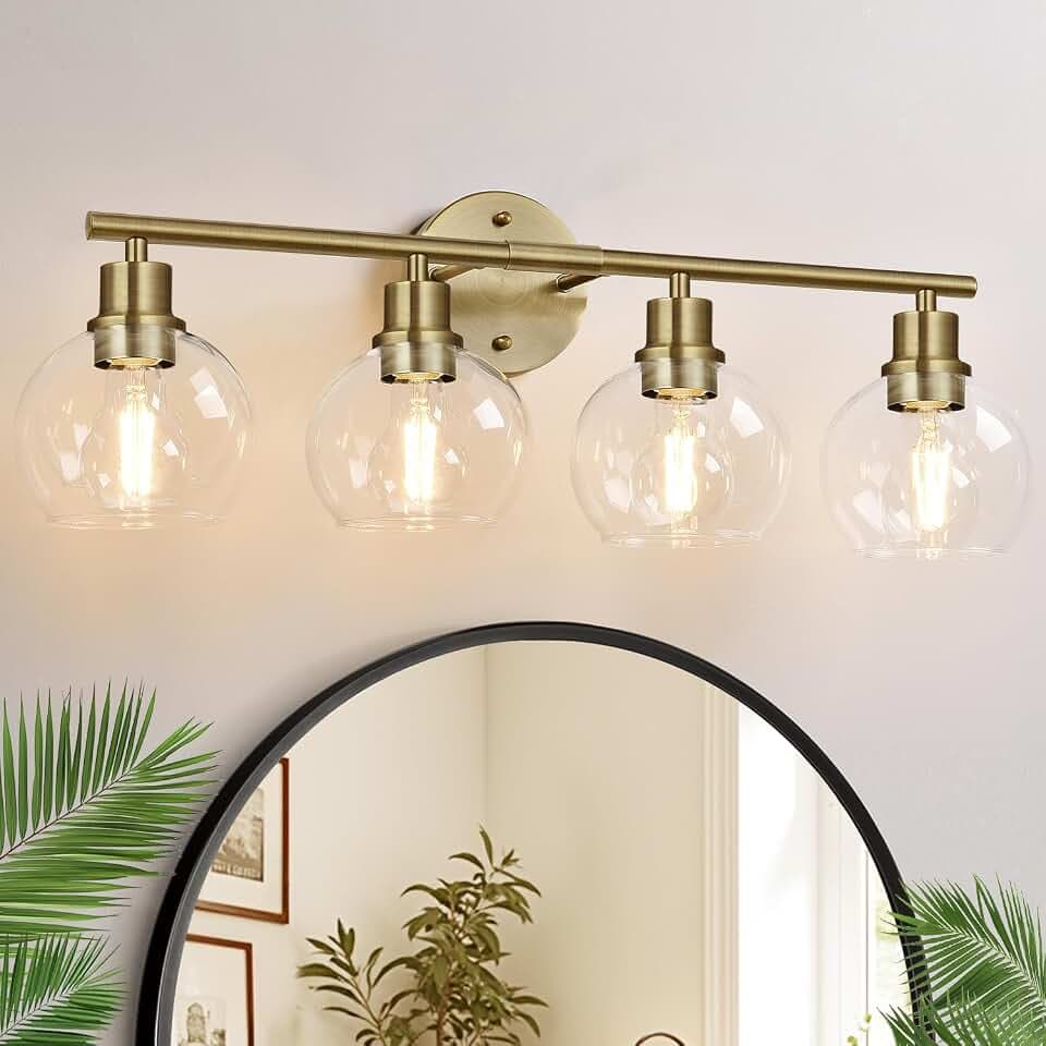 Indoi 4-Light Bathroom Light Fixtures, Brushed Brass Bathroom Lights Over Mirror with Clear Glass Globe Shade, Vanity Lights for Bathroom Kitchen Living Room Hallway Cabinet Bedroom Porch