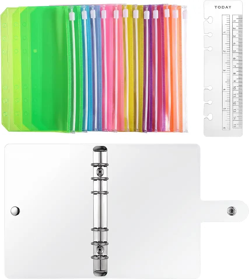 A6 nachfüllbare 6 runde Ringe Binder Cover, Budget Binder A6,A6 Binder Notebook mit 12 PCS Plastic Binder Pockets Umschläge, 1 Lineal