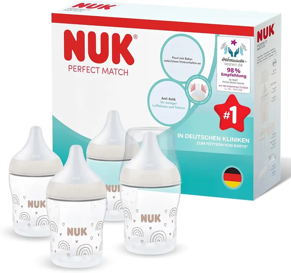 NUK Perfect Match Babyflaschen-Set für Neugeborene | 0+ Monate | 150 ml | Anti-Kolik-Babyflaschen | PP | Temperature Control Anzeige | Regenbogen | 4 Stück