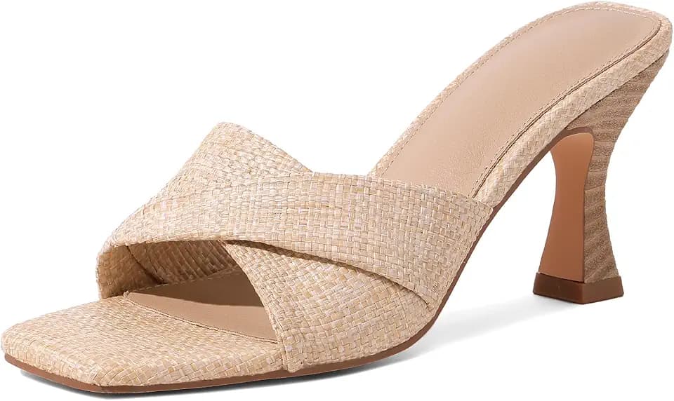 Raffia Heeled Sandals for Women Stiletto Slip On Mule Heels Open Square Toe