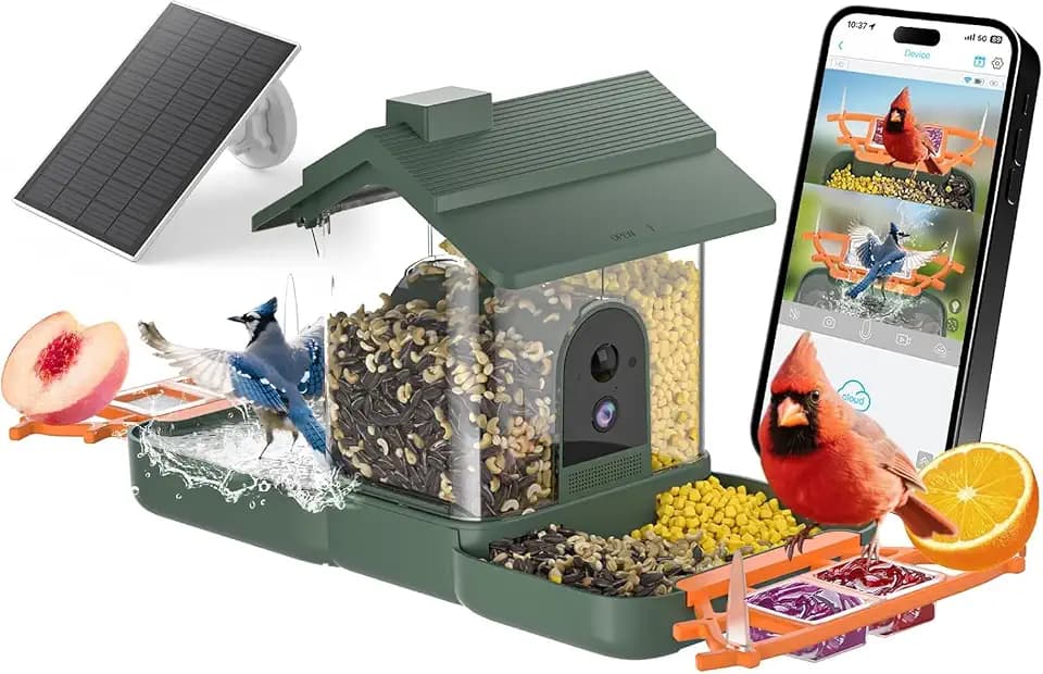 2-in-1 Bird Bath and Bird Feeder with Cameras Solar Powered 2K Dual Cameras Birds Feeder and Bath for Outside Yard Garden, Gift for Dad Mom Kids (Dark Green + Orange)