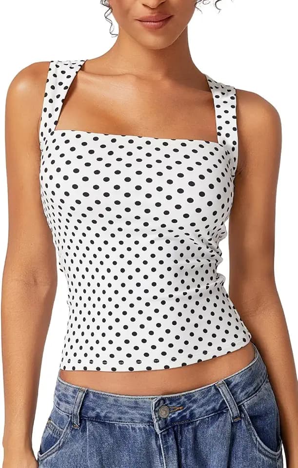 QINSEN Women's Square Neck Sleeveless Double-Layer Tank Tops Basic Tight T Shirts
