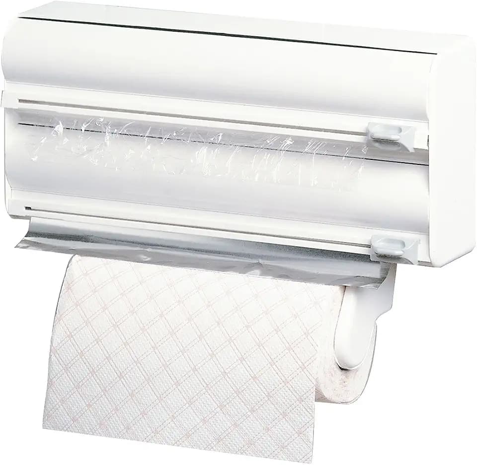 Rayen - Küchenrollenhalter mit 3 Rollenhaltern, Wandmontage, Schneidefunktion für Folien, Platzsparend, Maße: 38x10x25,5 cm, Farbe Weiß