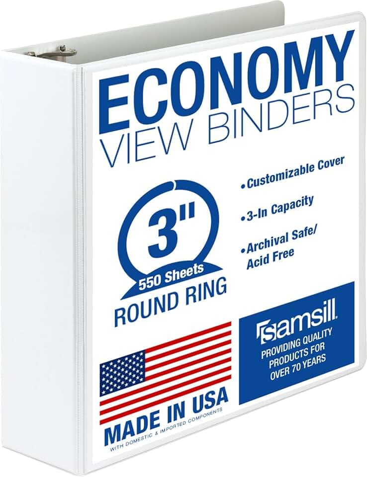 Samsill 3 Inch 3 Ring Binder, Economy Round Ring, Clear View Cover, 550 Sheet Capacity - for School, Home, Office - White