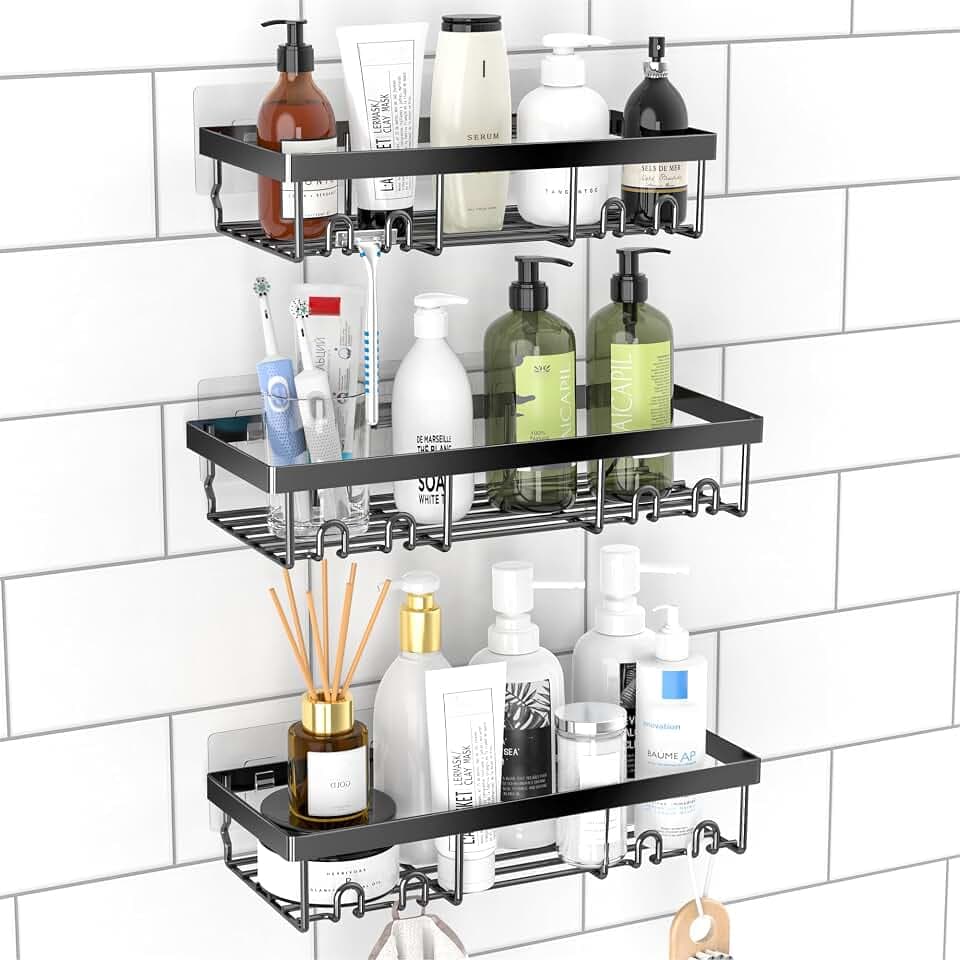 Duschablage ohne Bohren, Duschablage Schwarz 2 Stück, Duschregal mit 4 Haken, Rostfrei Rostfrei Duschkorb mit Großer Kapazität, Bathroom Organizer für Shampoo, Badezimmer Zubehör…