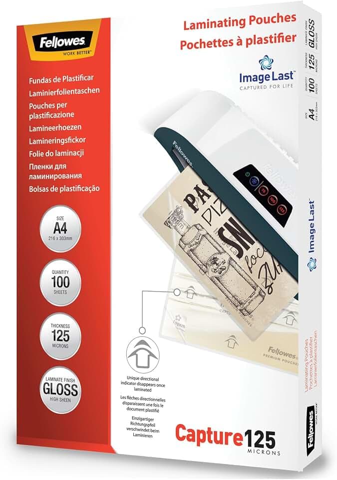 Fellowes A4-Laminierfolien, glänzend, 100 Blatt, 250 Mikron (2×125), hochwertige Verarbeitung mit Image Last Mark – ideal für Fotos, Notizen & täglichen Gebrauch