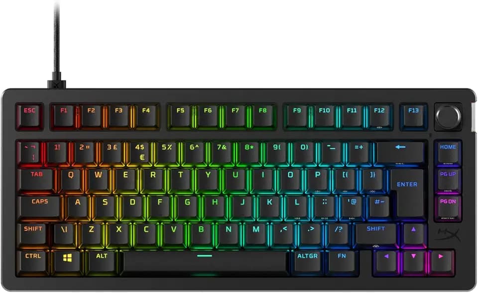 HyperX Alloy Rise 75 – Hot-Swappable Mechanische Gaming-Tastatur, RGB, PC, Umgebungslichtsensor, Dichtung montiert, lineare Schalter, UK Layout QWERTY, Schwarz