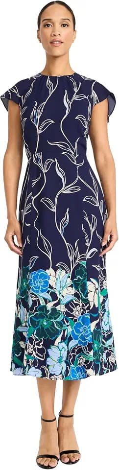 Maggy London Women's Women's Floral Print Flutter Sleeve High Neck A-line - Elegant Midi Cocktail Dress