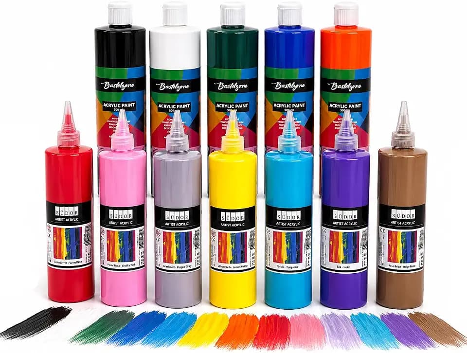 SÜDOR ACRYLFARBEN-SET 12 Farben je 500ml. Hochpigmentierte und deckende Malfarben für Holz, Stein, Leinwand, Malkarton, Papier, Metall, Pouring. Allzweckfarben. Acryl-Grundfarben-Set 12 x 500 ml