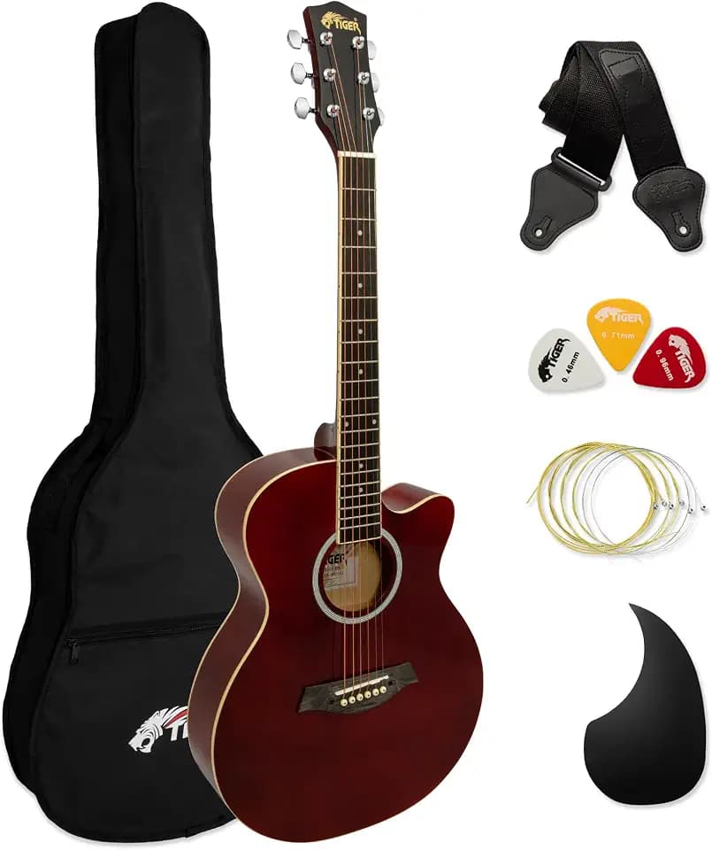 TIGER ACG1-RD Small Body Akustikgitarre, mit Stahlsaiten bespannte Akustikgitarre für Anfänger, Rot