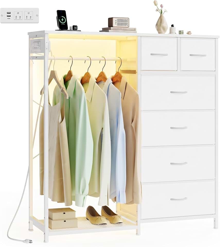 SONGMICS Dresser with Hanging Rod, Closet Organizer with 6 Fabric Drawers