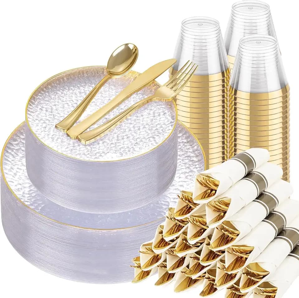 Hioasis 350 Pcs Clear Gold Plastic Plates for Wedding