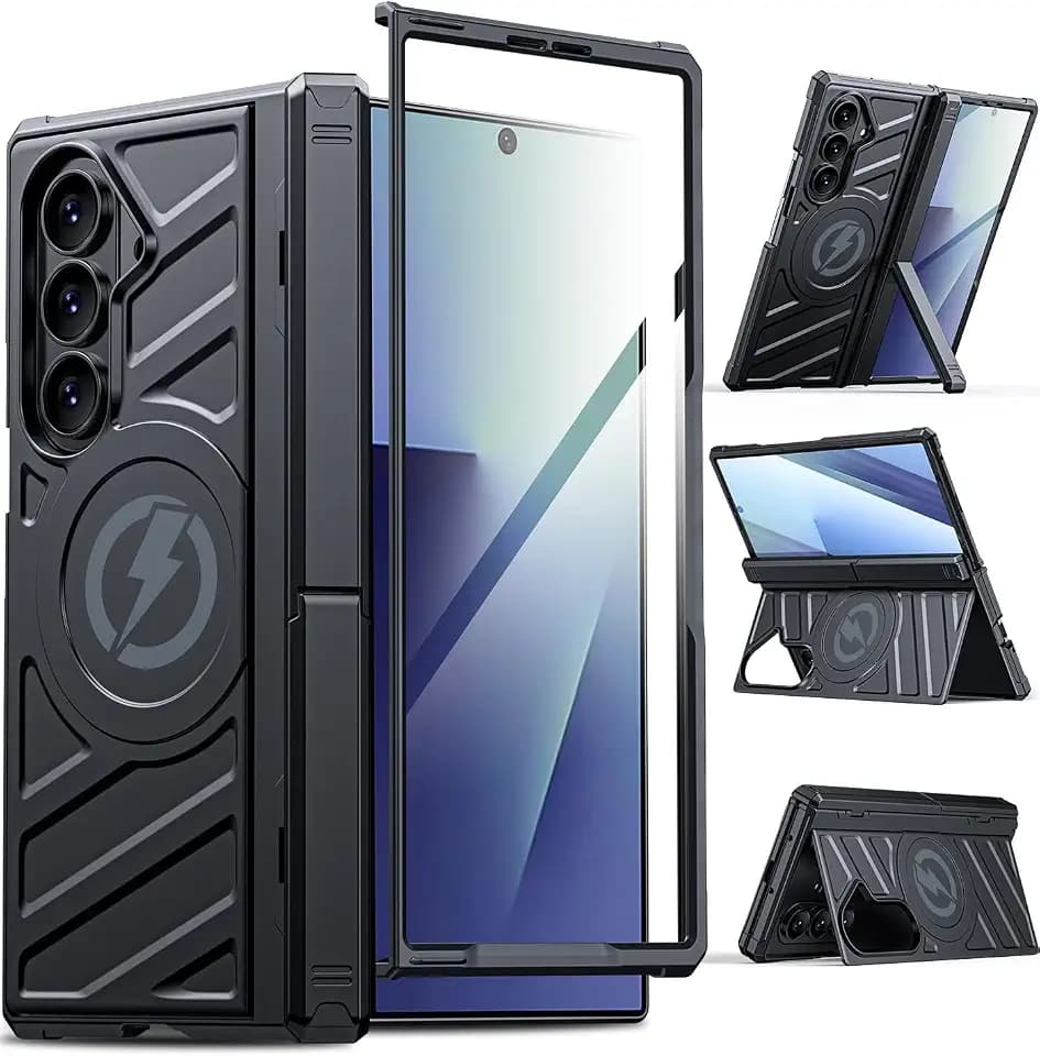 Magnetic for Samsung Z-Fold-7 Case: Heavy Duty Armor Phone Case [Compatible with MagSafe][Hinge Protection][Dual Kickstand] Shockproof TPU+PC Cover for Galaxy zfold 7 5G 2025 Black