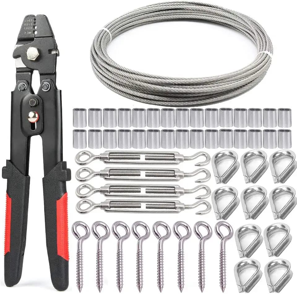 Drahtseil Crimpzange Set, Stahlseil Presszange + 30M 2mm Edelstahl Drahtseil + 4 Stück M5 Edelstahl Spannschloss + 8 Stück ösenschraube + 30 Stück klemmhülsen aus aluminium + 10 Stück Kausche