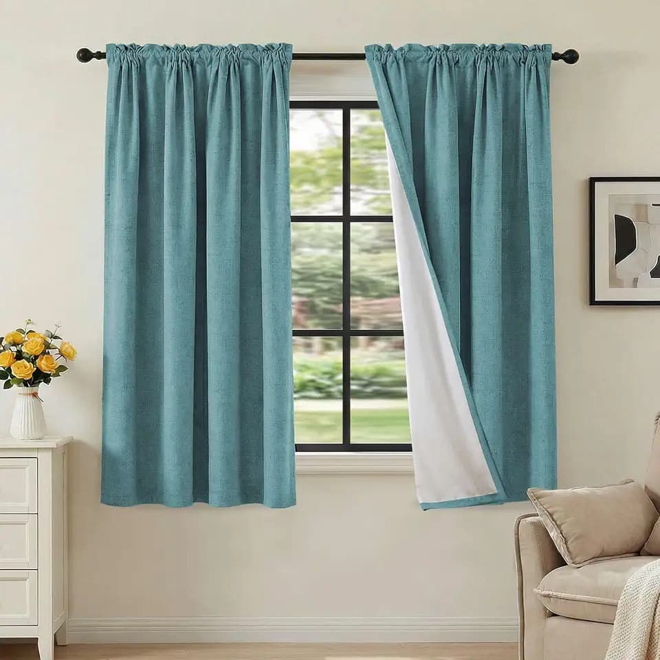 H.VERSAILTEX Linen Look 100% Blackout Curtains 54 Inches Long for Bedroom Full Light Blocking Rod Pocket Linen Textured Thick Window Curtain Drapes with White Backing, Teal, 2 Panels
