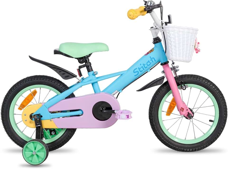 STITCH Macaron 12/14/16/18 Zoll Kinderfahrrad für 2-9 jährige Mädchen & Jungen, 12/14/16/18 Zoll Mädchenfahrrad mit Korb & Stützrädern