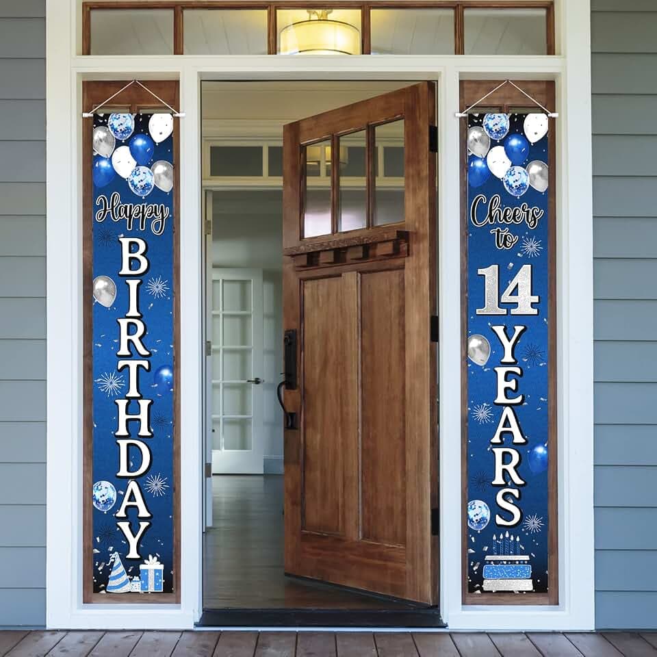 Happy 14th Birthday Decorations,14th Blue & Silver Balloon Birthday Theme Door Hanging Banner Sign,Cheers to Fourteen Years Old Bday Party Supplies.