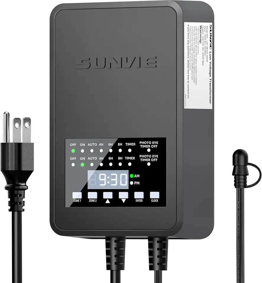 SUNVIE 300W Low Voltage Landscape Transformer with 2 Independent Control Output Landscape Lighting Transformer with Timer and Photocell Sensor 120V AC to 12/14V AC Weatherproof Low Voltage Transformer