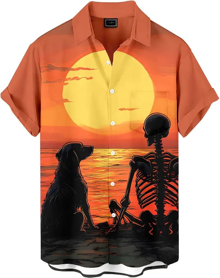 Men's Funny Skull Print Hawaiian Shirt, Funny Graphic Short Sleeve Button Down Tropical Beach Vacation Shirt