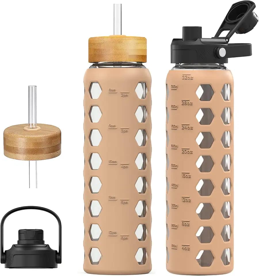 MUKOKO Glass Water Bottle, 32oz, Amber
