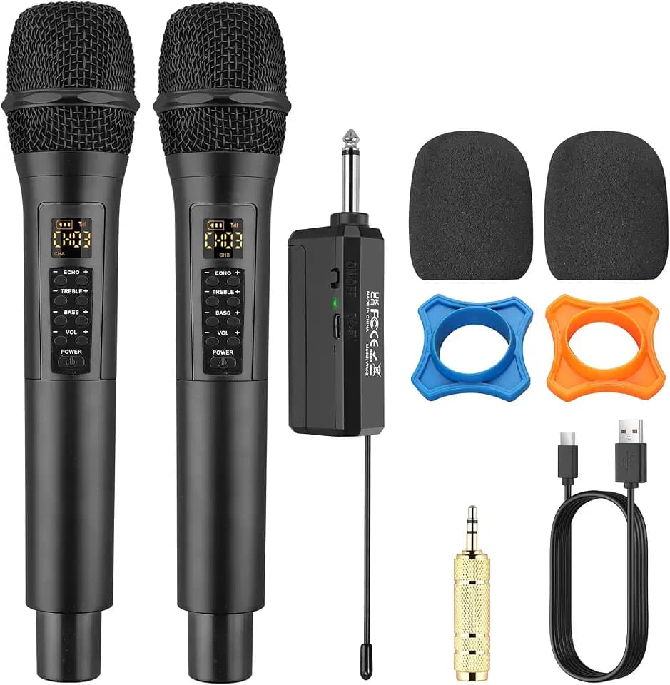 PROZOR Drahtloses Mikrofon UHF Handmikrofon Karaoke Mikrophone mit Wiederaufladbarem Empfänger Kabellos Funkmikrofon mit Lautstärker Höhe Bass Echo Regler 50m für KTV Konferenz Unterricht
