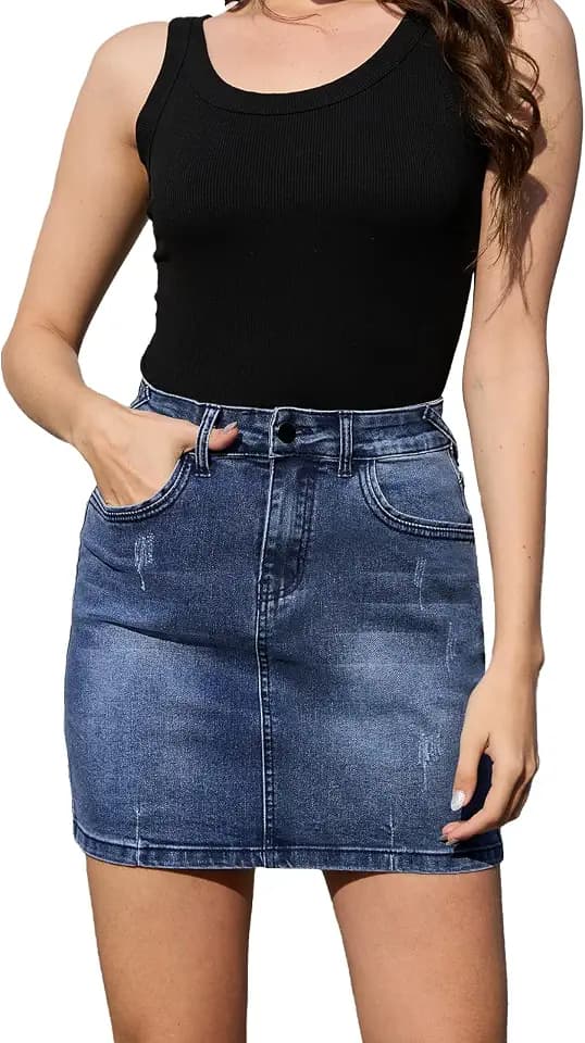 Alaster Queen Damen-Jeans-Minirock, dehnbar, hohe Taille, figurbetont, kurze Jeansröcke für Frauen mit Taschen