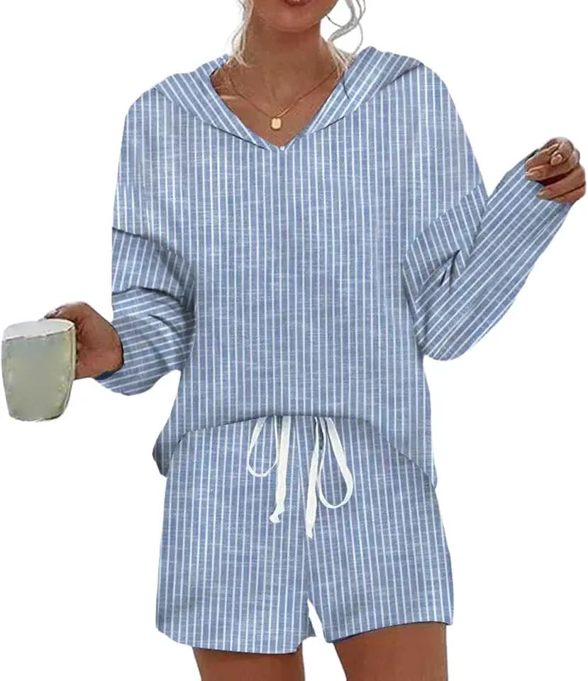LOZ Lounge Sets for Women 2 Piece Travel Sweatsuits Casual Hoodie Long Sleeve Top with Shorts 2026 Trendy Vacation Outfits