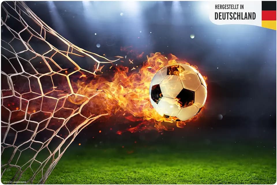Schreibtischunterlage für Kinder – Flammender Fußball mit Feuerschweif – 60 x 40 cm – aus abwischbarem Premium-Vinyl - Made in Germany