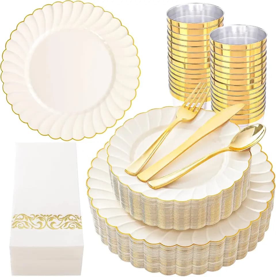 YOUBET 175PCS Ivory Scalloped Plastic Plates for Party Wedding