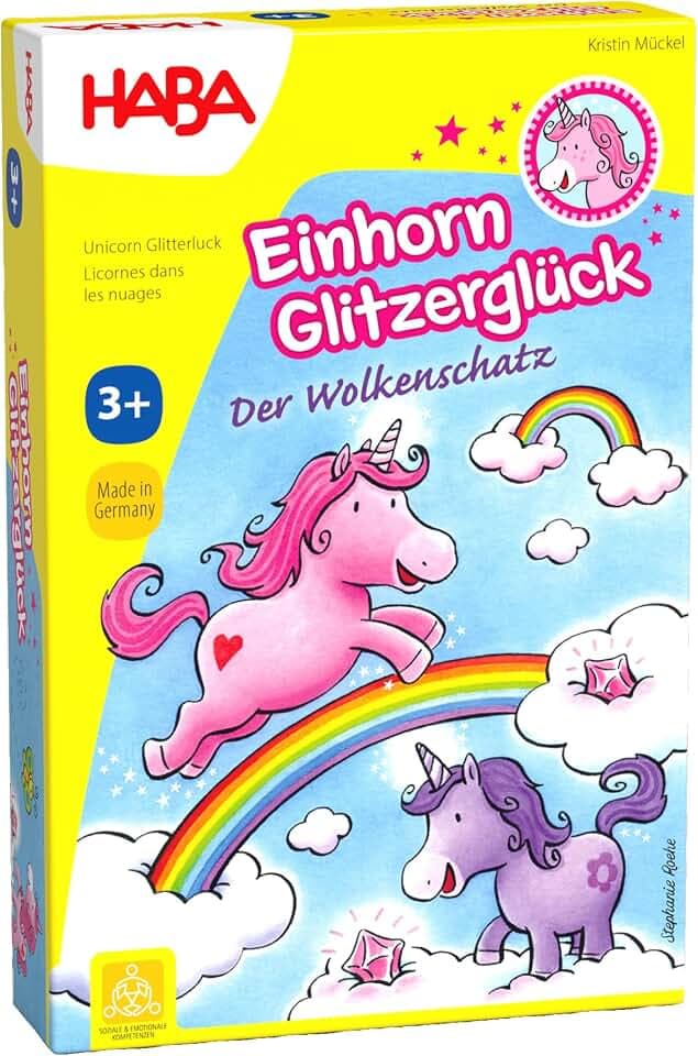 HABA Einhorn Glitzerglück: Der Wolkenschatz – Würfel- & Sammelspiel mit 60 Glitzerkristallen für 2-4 Spieler ab 3 Jahren, Geschenk für Einhorn-Fans – 2011190001, Rosa